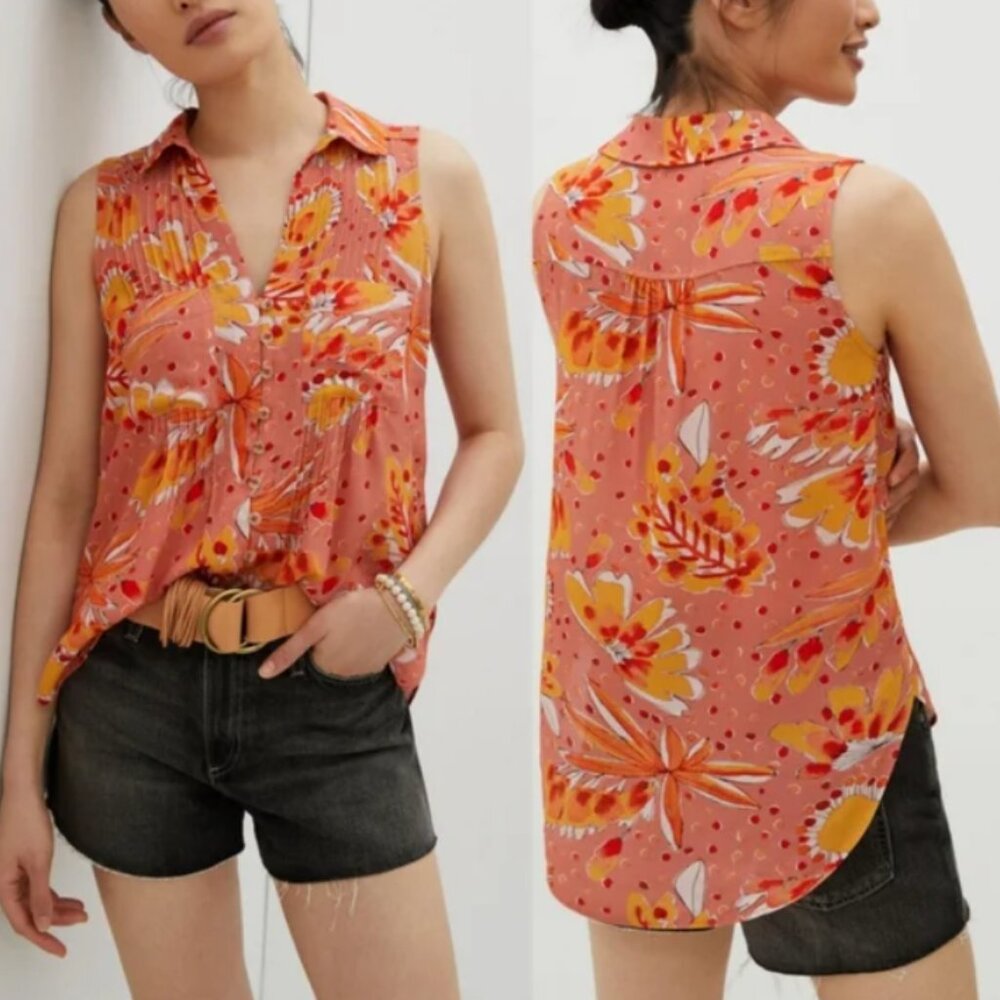 Vera for Anthropologie Pink Orange Floral Pintuck Sleeveless Button Front Blouse